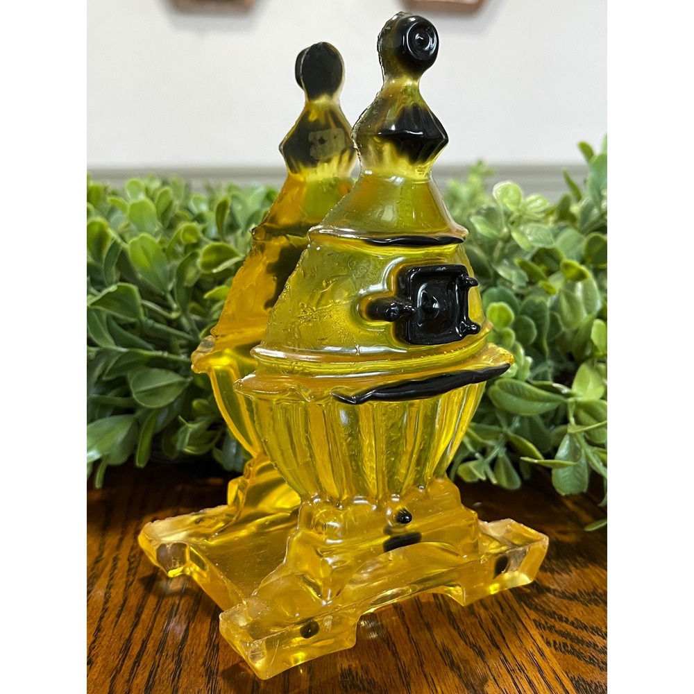 Vintage Amber Glass Potbelly Stove Napkin Holder Yellow Black Kitchen Decor